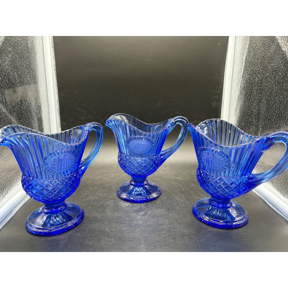 Set of 3 Cobalt Blue Glass Creamers Embossed Building Pattern Footed Pitchers